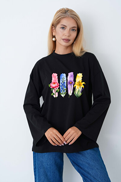 herkesemoda Renkli çiçekler Baskılı Tesettüre Uygun Oversize Body