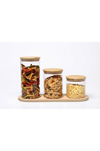 Generic Premium 3-Piece Glass Storage Jar Set with Wooden Tray, Clear Food Ca...