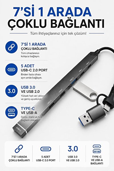 Coverzone 7 in 1 USB Type-C ve USB-A Çoklayıcı Hub ADS-810, 5 USB-C 2.0, USB ...