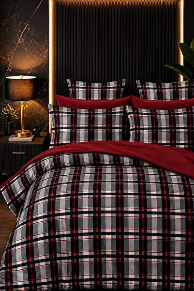 MORE HOME Single Duvet Cover + Pillowcase Burgundy-Plaid Pattern
