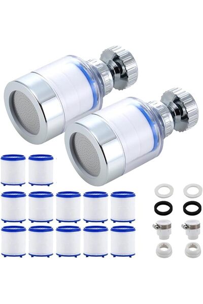 ALMEKAQUZ 2Pcs Sink Water Filter Faucet with 12 Filter Cartridges,360° Rotati...