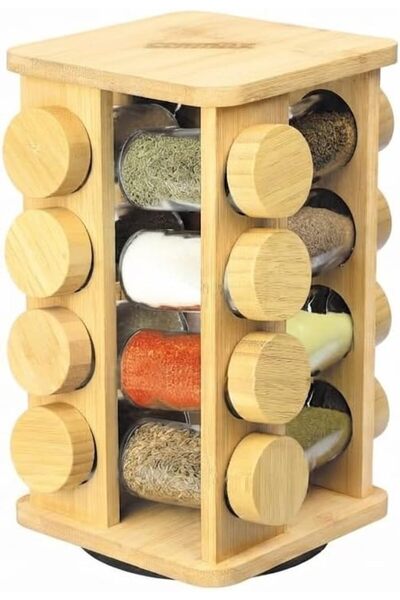 Generic Rotating Bamboo Spice Rack Organizer with Airtight Glass Jars, 360-De...