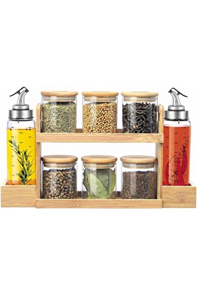 Generic Bamboo Spice Rack Organizer Set with 6 Glass Spice Jars & 2 Oil Dispe...