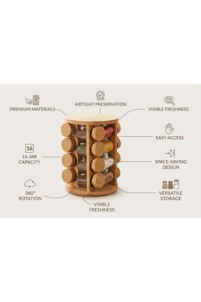 Generic Premium 16-Jar Rotating Spice Rack Organizer, Revolving Bamboo Countertop Stand with Glass Jars and Airtight Lids, 360-Degree Rotation for Easy Access to Herbs, Spices and Seasonings
