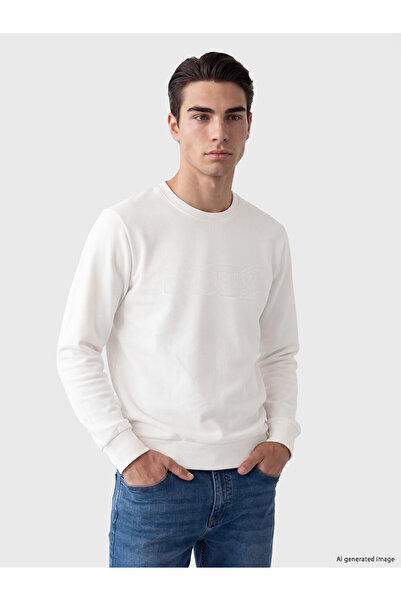LC Waikiki Vizyon New Season White Crew Neck Printed Men's Thick Sweatshirt