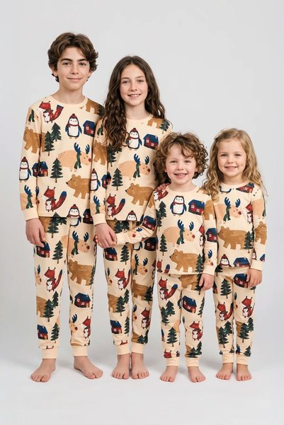 ZUZUNGA Sevimli Kardan Adam-Penguen Desenli %100 Pamuk Unisex Çocuk Pijama Takımı