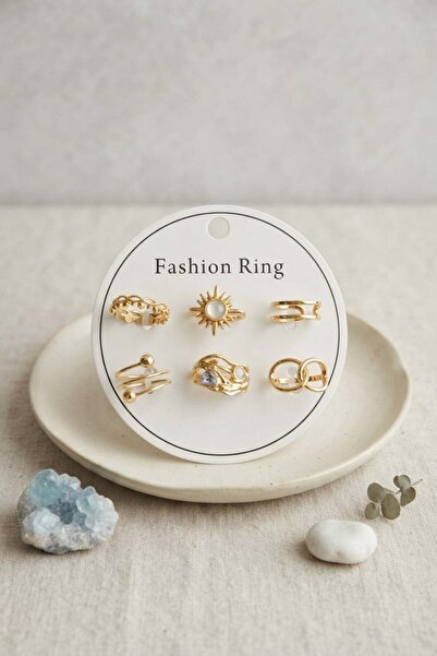 Inure Jewelry Gold Color Brass Sun Detailed Ring Set of 6 Byk4313