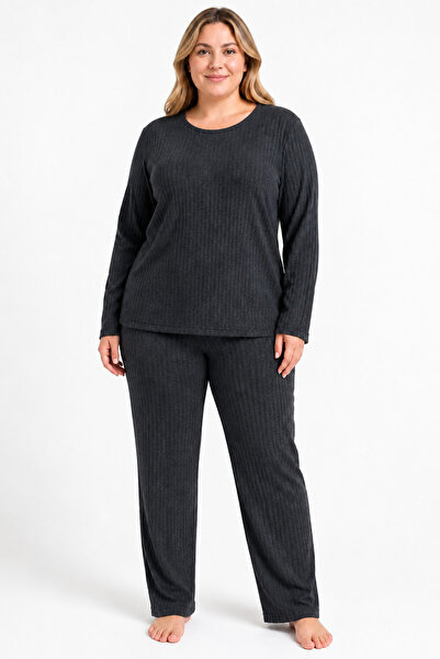 FAMES PİJAMA Σετ Πιτζάμες Κασμίρ Μεγάλου Μεγέθους σε Ανθρακί
