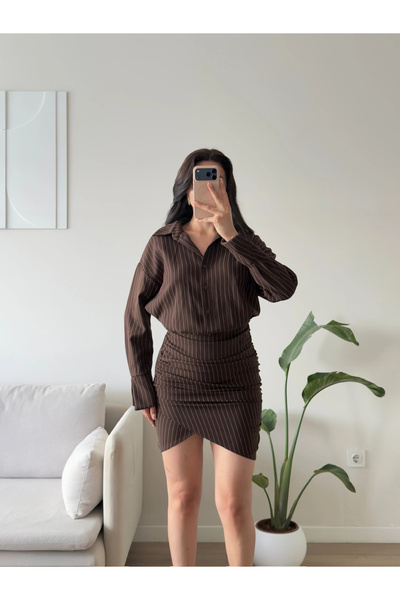 Zoom Butik Double Çizgili Gömlek Elbise - KAHVE