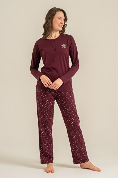 Arnetta Women's Dark Plum Uzunkol Combed Cotton Pajama Set, Buttoned Collar, ...