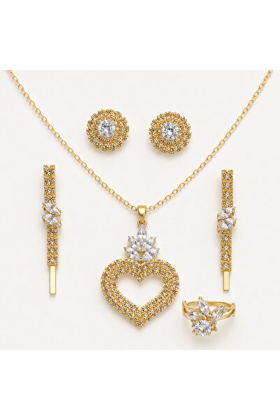 Generic Brand Women’s Gold-Tone Crystal Heart Jewelry Set with Necklace, Earr...