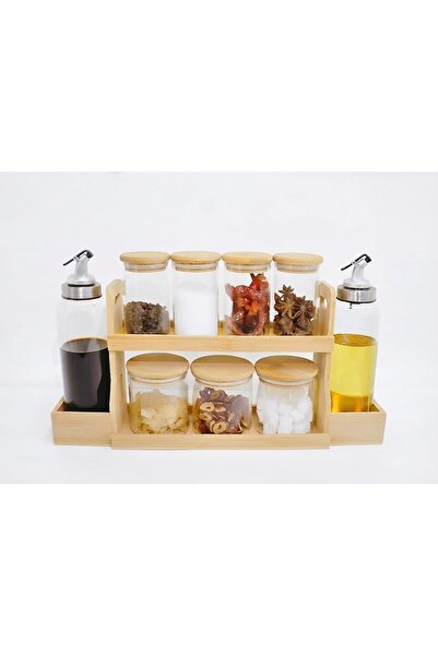 Generic Premium 2-Tier Spice Rack with Oil Dispensers, Bamboo Countertop Orga...
