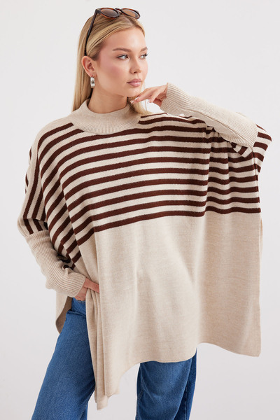 Merterium Women's Slit Oversize Poncho Sweater 1222 - F.Beige