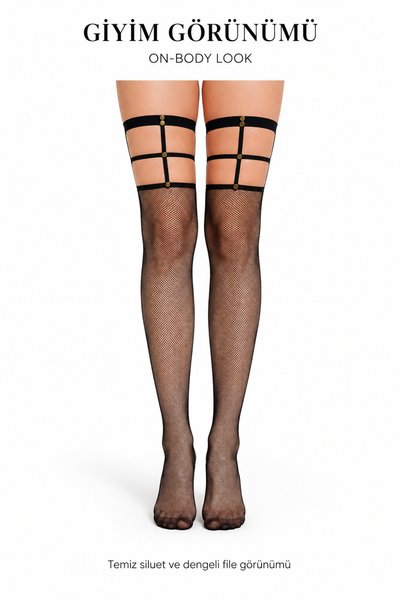 Generic Brand |Women’s Black Fishnet Thigh-High Stockings with Strappy Detail
