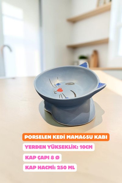 tureks Porselen Ayaklı Kedi Mama & Su Kabı Beyaz Mavi