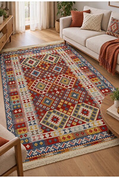 Safir Kilim Safir Şönil Çift Taraflı Etnik Desenli Kilim – Renkli Özel Tasarı...