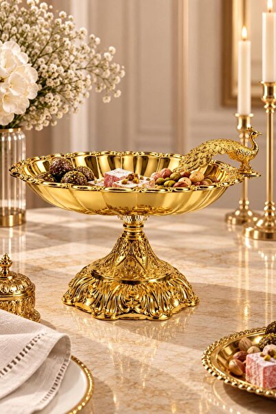 RASHA COLLECTION Tavus Kuşu Figürlü Gold Ayaklı Dekoratif Sunumluk