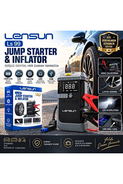 Akü Takviye Cihazı 19800 mAh ve 150 PSI Dijital Lastik Şişirme Kompresörü – LED & Powerbank
