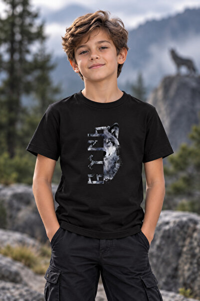remonz Children's Göktürk Written Wolf Printed T-Shirt – Gray Wolf Themed Sho...