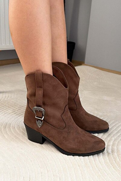 Preshley Women's Texas Brown Suede 5 cm Heeled Cowboy Boots
