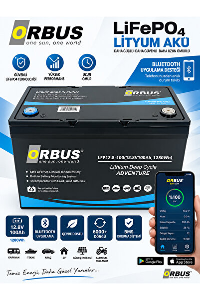 ORBUS 12,8 volt 100 amper lityum lifepo4 akü (Bluetooth lu ekransız model)