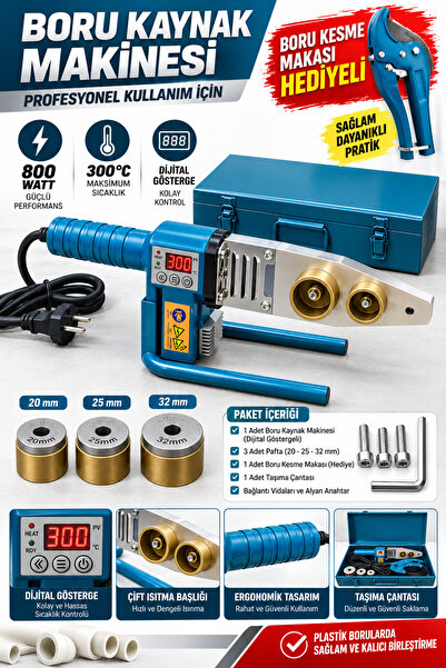 DynamicTech Profesyonel 800W Dijital Göstergeli 300°C Boru Kaynak Makinesi Seti – 20/25/32 mm Pafta + Boru Kesme Makası Hediyeli