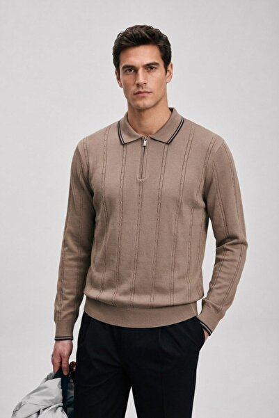 Maccali Men's Striped Zippered Polo Collar Dark Brown Knitwear Sweater
