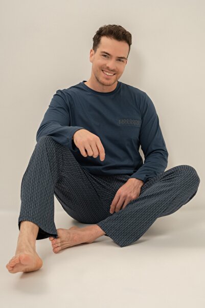 Arnetta Men's Dark Indigo 100% Cotton Pajama Set, Crew Neck, Pocket Detail