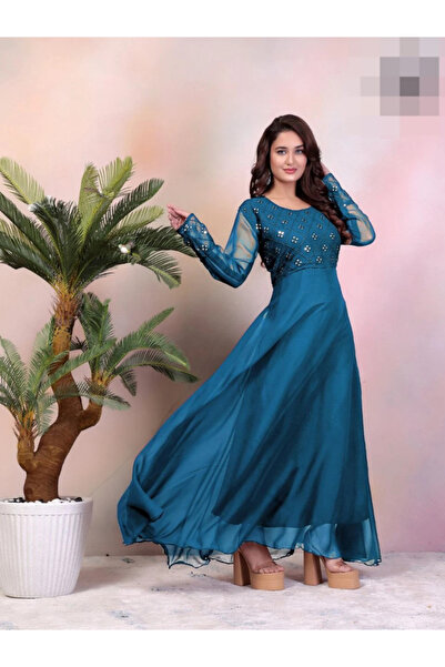 MYSMAR Teal Blue Faux Georgette Flared Embroidered Gown - NJF8844 | Teal Blue...