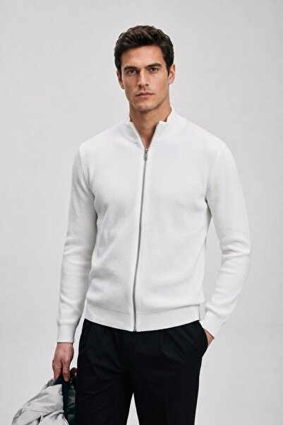Maccali Men's Stand Collar Pocketed Textured Zippered White Knitwear Cardigan