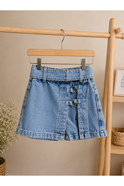 Kız Çocuk Çift Toka Detaylı Kot Şort Etek - Açık Mavi Denim
