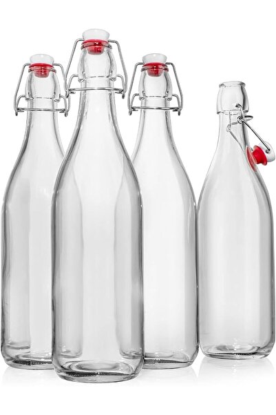 Home Zone Pack of 4 - Round Flip Top Glass Bottle with Stopper Caps, [1 Liter...