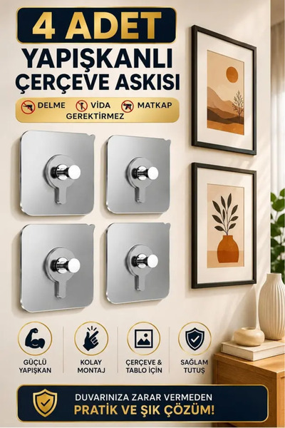TUMU LIFE 4 Adet Yapışkanlı Askı Vidalı Çerçeve Askısı Şeffaf Güçlü Iz Bırakm...