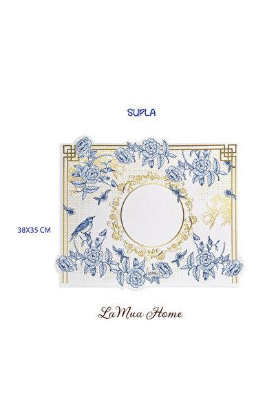 LAMUA HOME Royal Mavi Çiçek Ve Kuş Desenli Gold Detaylı 1 Adet Amerikan Servis-Lazer kesim