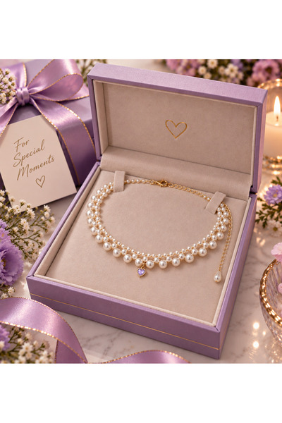 Genel Markalar kadın choker inci kolye gerdanlık kalpli zirkon taşlı açık mor lila renk inciler beyazdır düğün gelin nikah balayı abiye kolyesi sevgililer günü yılbaşı yeni yıl anneler günü hediyelik takı aksesuar