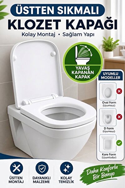 Primeaks Kare Form Klozet Kapağı Yavaş Kapanır Soft Close Klozet Kapak Üstten...