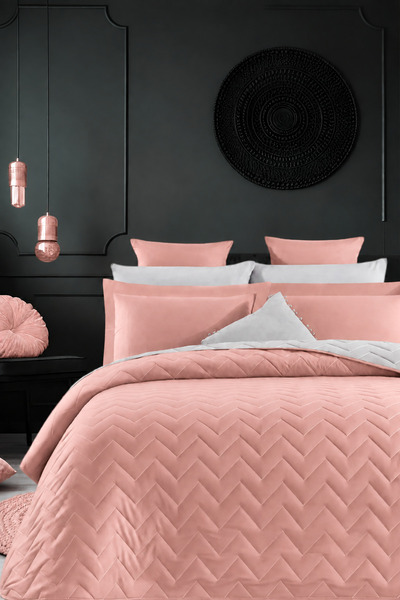 İQON Double-Sided Quilted Double Bedspread Set Salmon