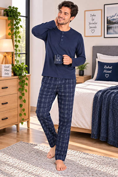 SERPİL Men's Pajama Set Long Sleeve Navy Blue Plaid Patterned Bottom Top Set