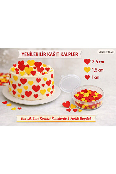 hediyehobihersey Taraftar Sarı Kırmızı Kalp Pasta Süsü, Pasta Süsü Kalp, Yenilebilir Kalpler