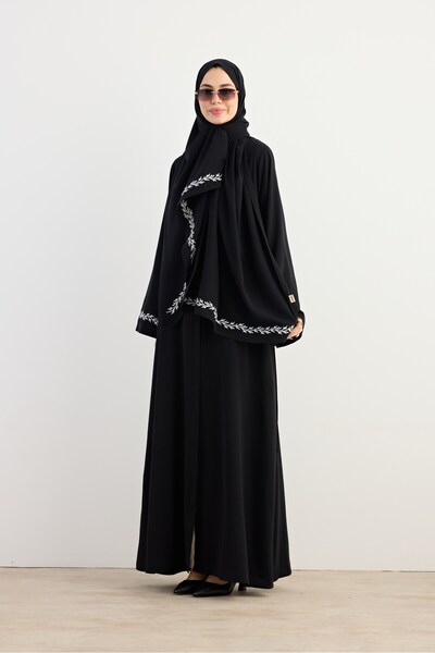 ANDE Beyaz Sarmaşık Nakışlı Abaya - Siyah