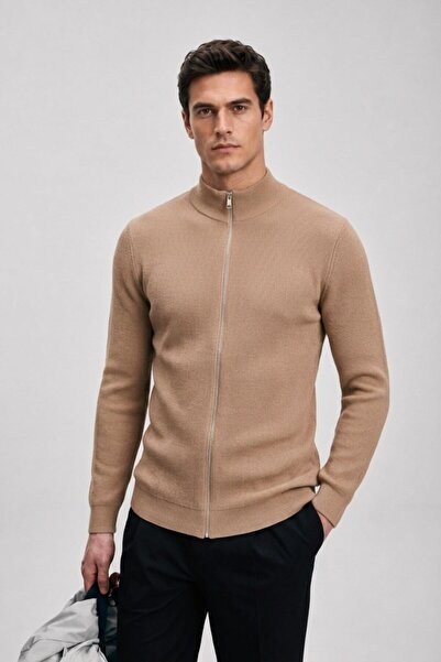 Maccali Men's Stand Collar Pocket Textured Zippered Camel Knitwear Cardigan