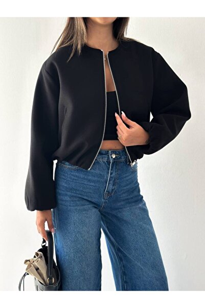 VESS MODA Lined Inside, Elastic Waist, Crop Bomber Cashmere Jacket