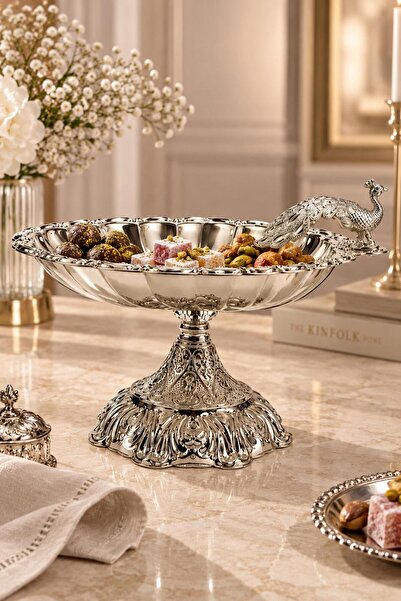 RASHA COLLECTION Tavus Kuşu Figürlü Gümüş Ayaklı Dekoratif Sunumluk