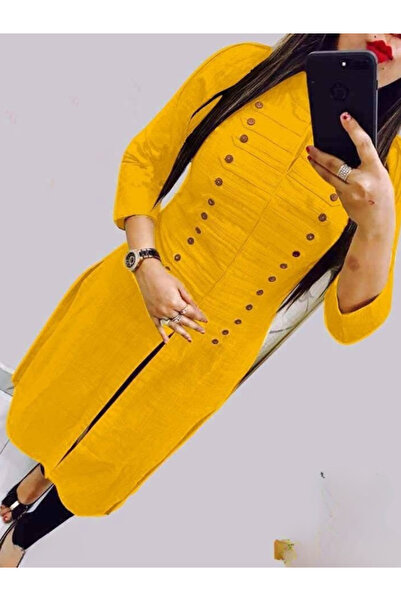 MYSMAR Yellow Cotton Button-Detail Kurti - NJF8840 | Yellow-Size:L-40-Inches