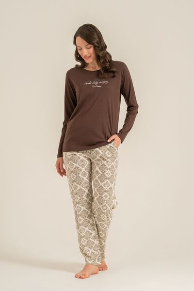 Pierre Cardin طقم بيجامة نسائي بأكمام طويلة باللون البني من ماركة Make Today ...