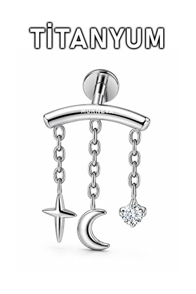 MORNEVA Titanyum Ay Yıldız Sallantılı Gizli Hidden Helix Piercingi (1 Adet)