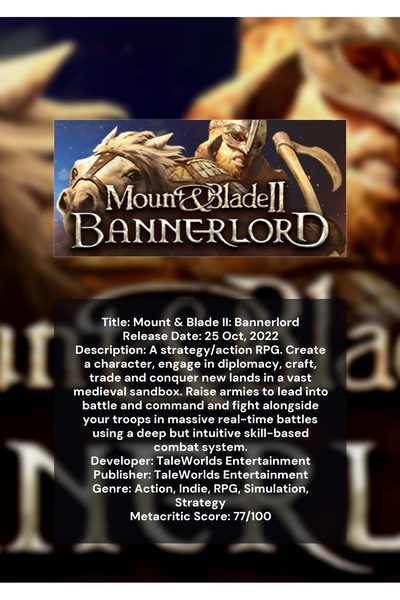 OEM Poster Infografic Montare și Sabie 2 Bannerlord, Joc de Rol Strategie, Ca...