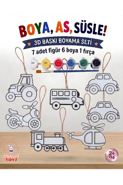 etkinliksetim Çocuklar İçin Eğitici Boyama Figür Seti TAŞITLAR 7 Adet 3D Bask...