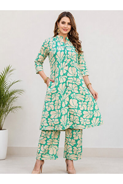 MYSMAR Teal Green & Cream Floral Printed Rayon Co-Ord Set - VVB9532 | Teal Gr...