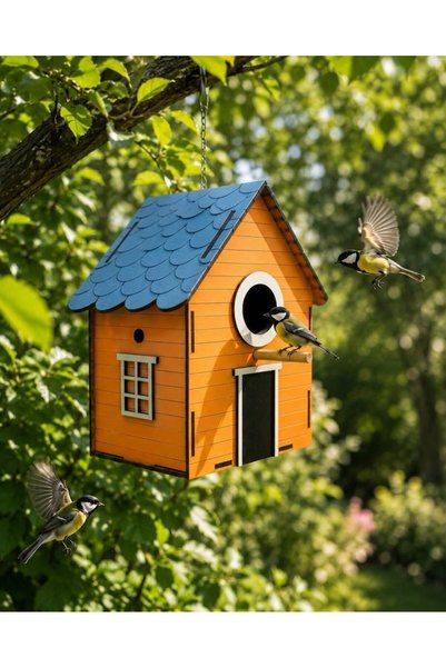 WoodenZoo Wooden Decorative Bird House Nest, Nesting Box, Balcony, Garden Accessory (Orange 16X10X22 cm)